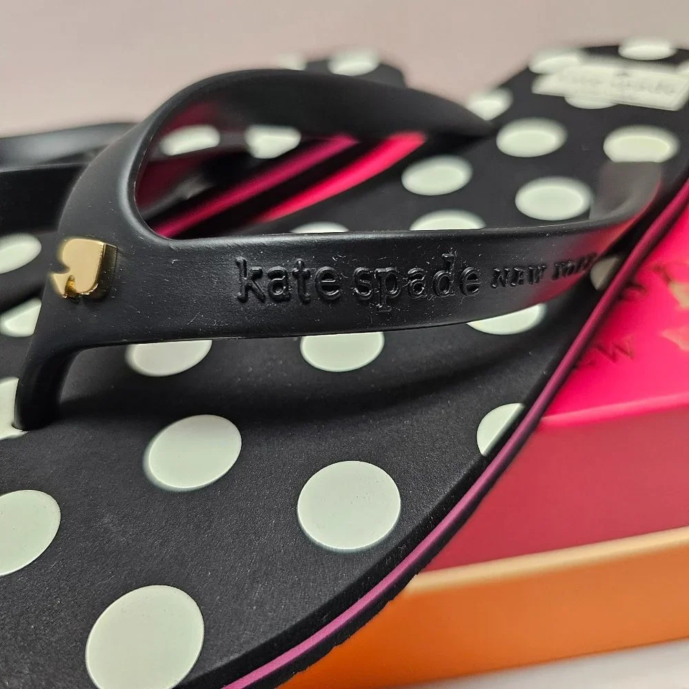 New Kate Spade New York Black White Polka Dot Flip Flops Pink Stripe Sandals 9 M